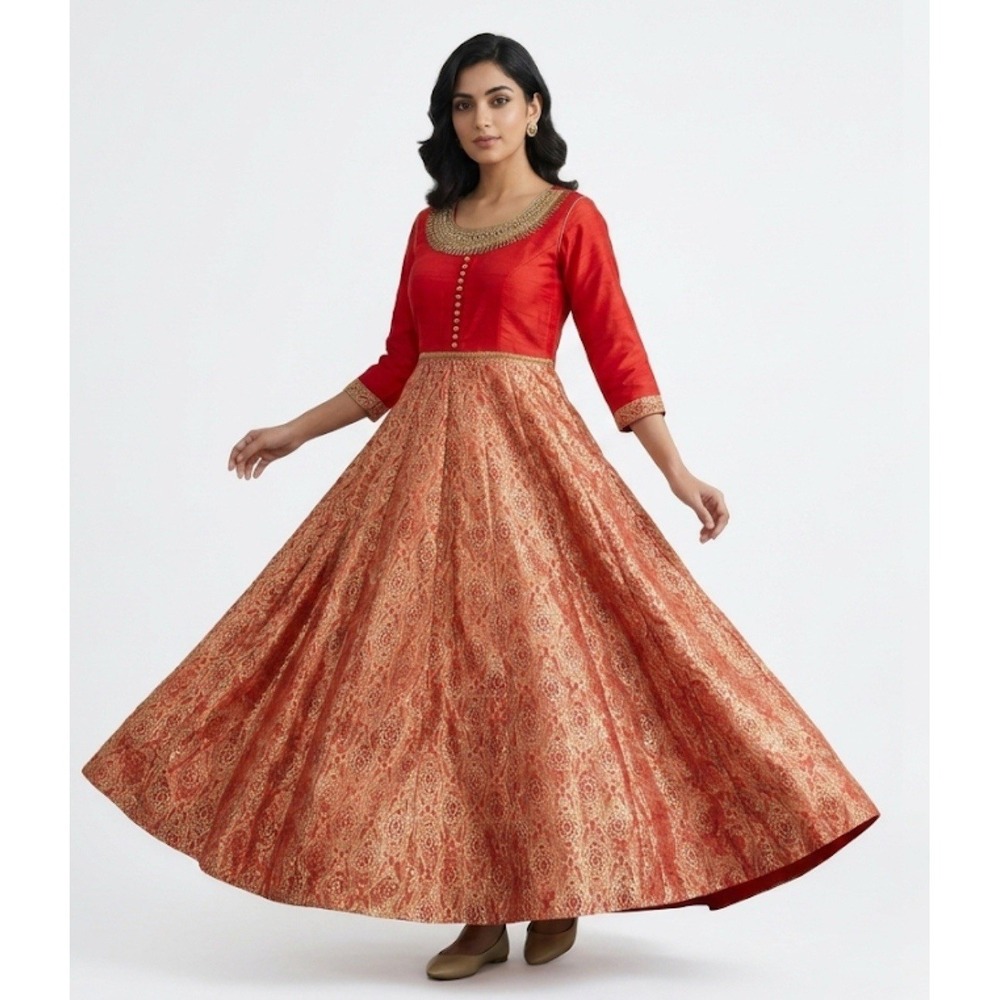 intage Anarkali Gown Dress Red Gold Brocade Indo Western Bollywood Maxi Sz L